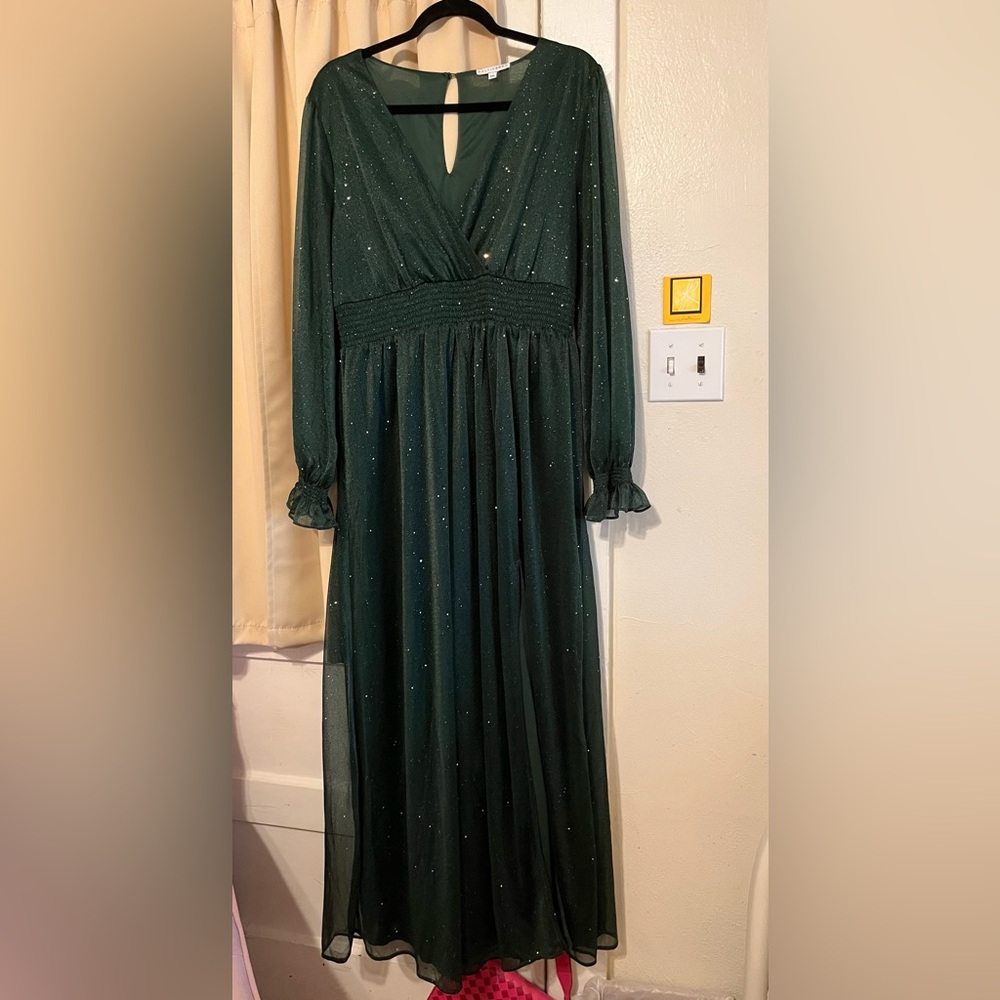 Baltic Born Green Pleated Gown with Bishop Sleeves (Carmen Shimmer)